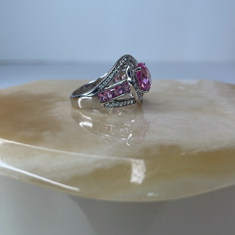 Ring Sterling Silver Pink Halo Ring by JMBR Cubic Zirconia Cocktail Bling Ring - Picture 6 of 10
